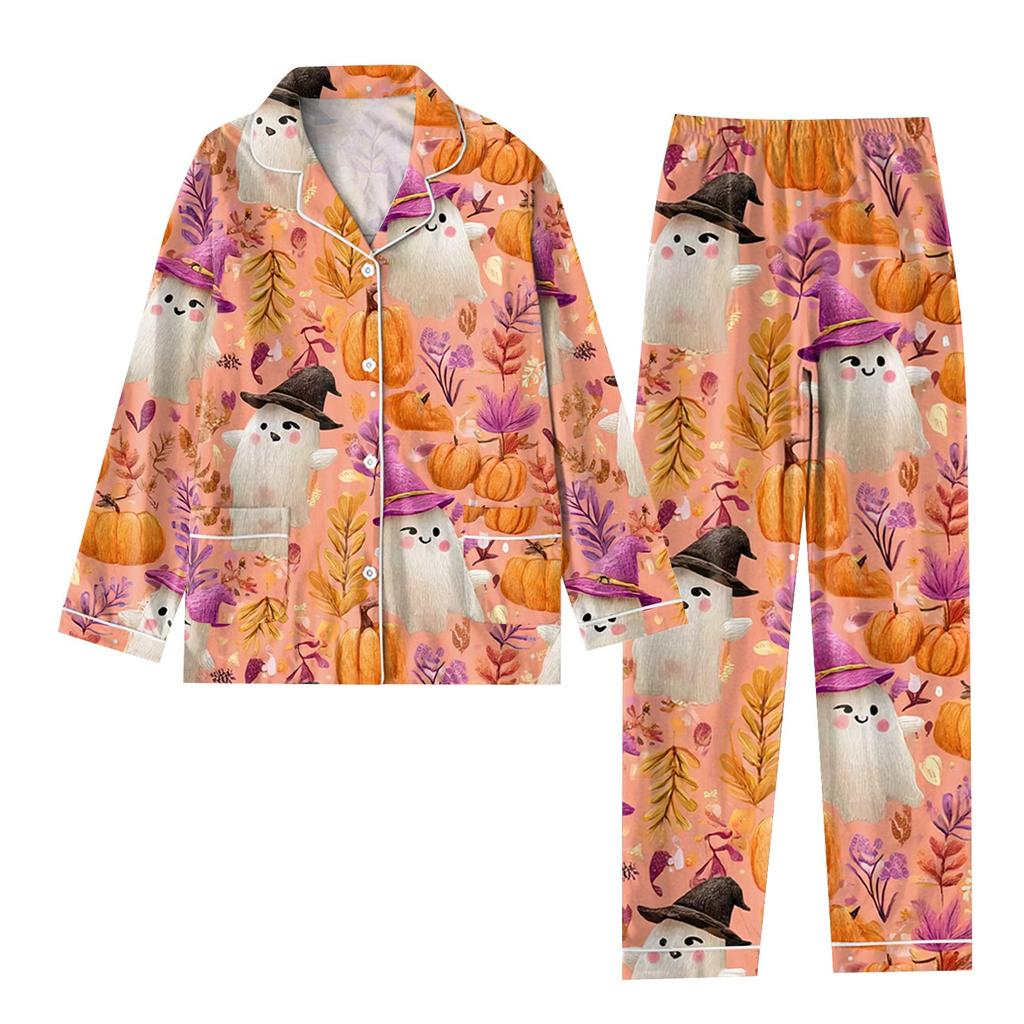 Women's 2 Piece Printed Suit Long Sleeve Button Up Top Wide Leg Pants Suit Set Pajamas Home Casual Suit