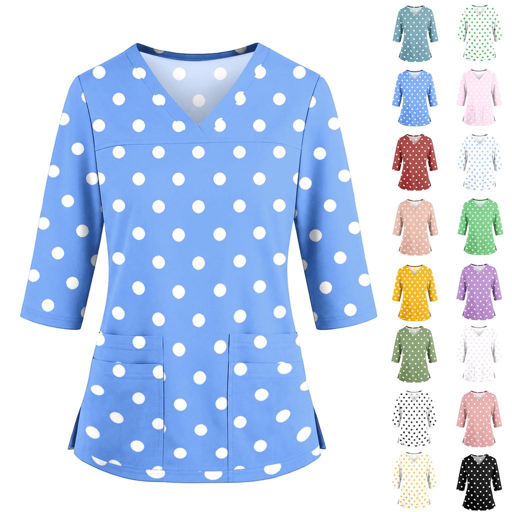 Women's Floral Print V-Neck Scrub Top with Pockets, Three-Quarter Sleeves, Side Split for Nurses