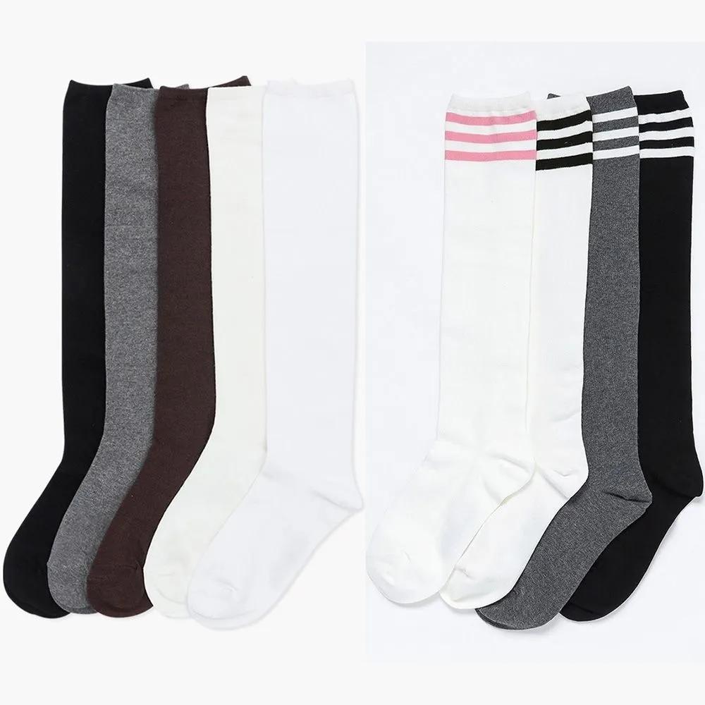 Women s plain three-stripe ring knee socks long socks half-tights knee socks Black and white ring (VH6401)
