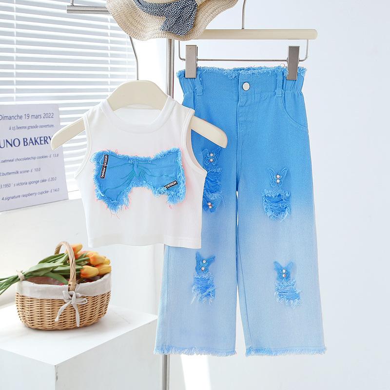 Sommer Set für Mädchen: Rundhals-Ärmelloses Kurzarm-T-Shirt + Ausgefranste Jeans Zweiteiliges Set Outfit für ältere Mädchen