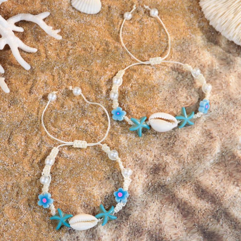 1011 Ocean Resort Wind Starfish Shell Bracelet, Daisy Rainbow Print Hand Rope Tide