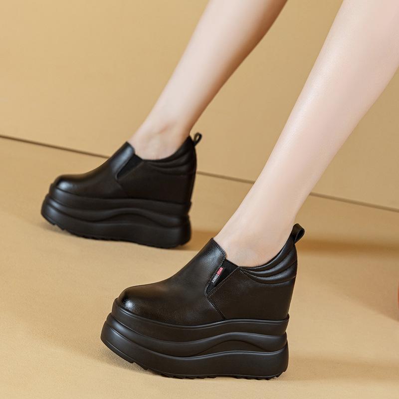 Super High Height Increasing Shoes 13cm Genuine Leather Women Flat Platform Black White Shoes Brand Ladies Casual Shoes Small Size 33