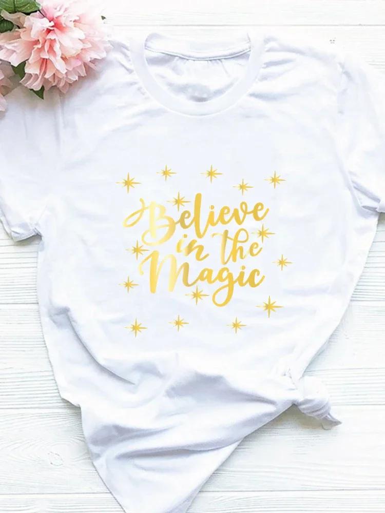 Believe In The Magic Golden Letter Print T Shirt Women Short Sleeve O Neck Loose Tshirt Women Causal Tee Shirt Tops Mujer