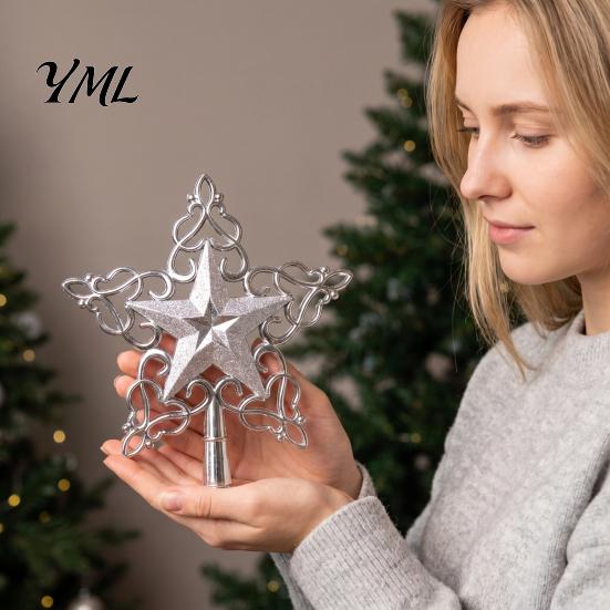 Holiday Party Ornament Glitter Star Christmas Tree Topper, Hollow Treetop Ornament, Gold Silver Sparkling Decoration for Home Decor
