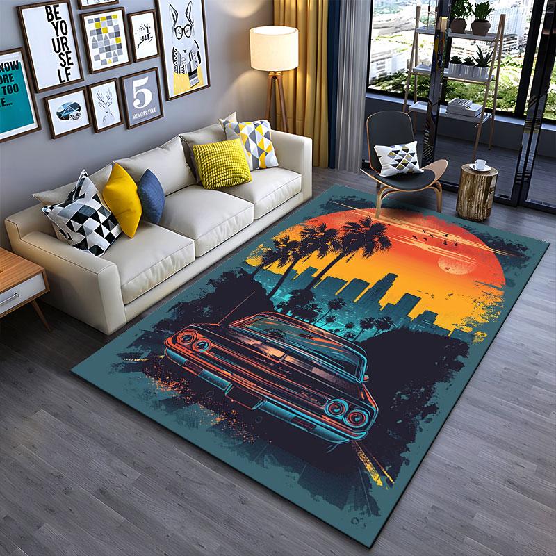 Retro Car with City Sunset suitable as a non-slip mat for the living room or bedroom sofa