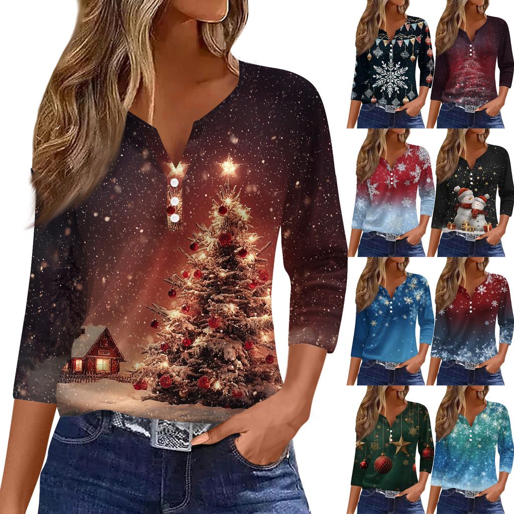 Women's Fashion Casual Christmas Tree Print V-Neck Decorative Button Three-Quarter Sleeve T-Shirt Top