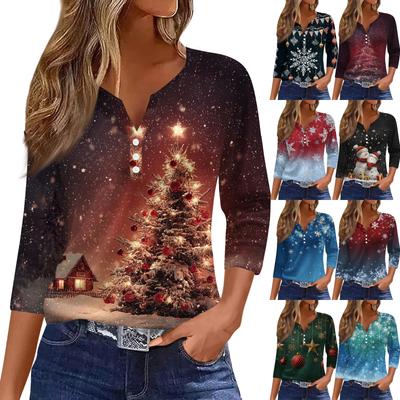 Women's Fashion Casual Christmas Tree Print V-Neck Decorative Button Three-Quarter Sleeve T-Shirt Top