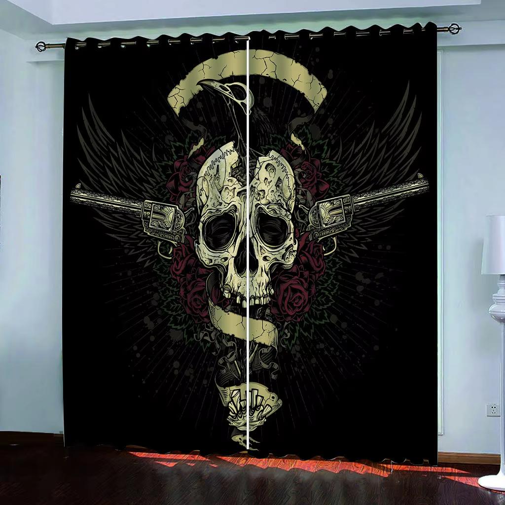 2pcs Personality Luxury 3D Printed Black Mystery Couple Skull Pattern Curtain,Suitable for Bedroom Living Room Kitchen Decor