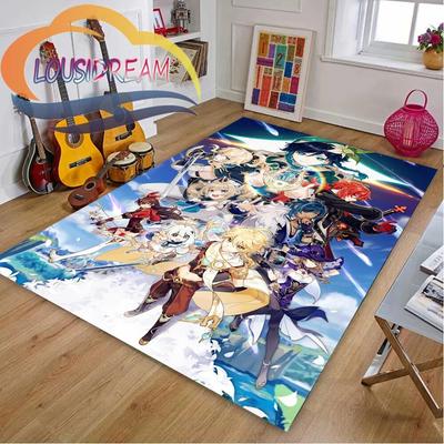 Papier peint de jeu d'aventure de dessin animé, tapis de sol imprimé en 3D Genshin Impact, tapis de salon, jeu de flanelle douce