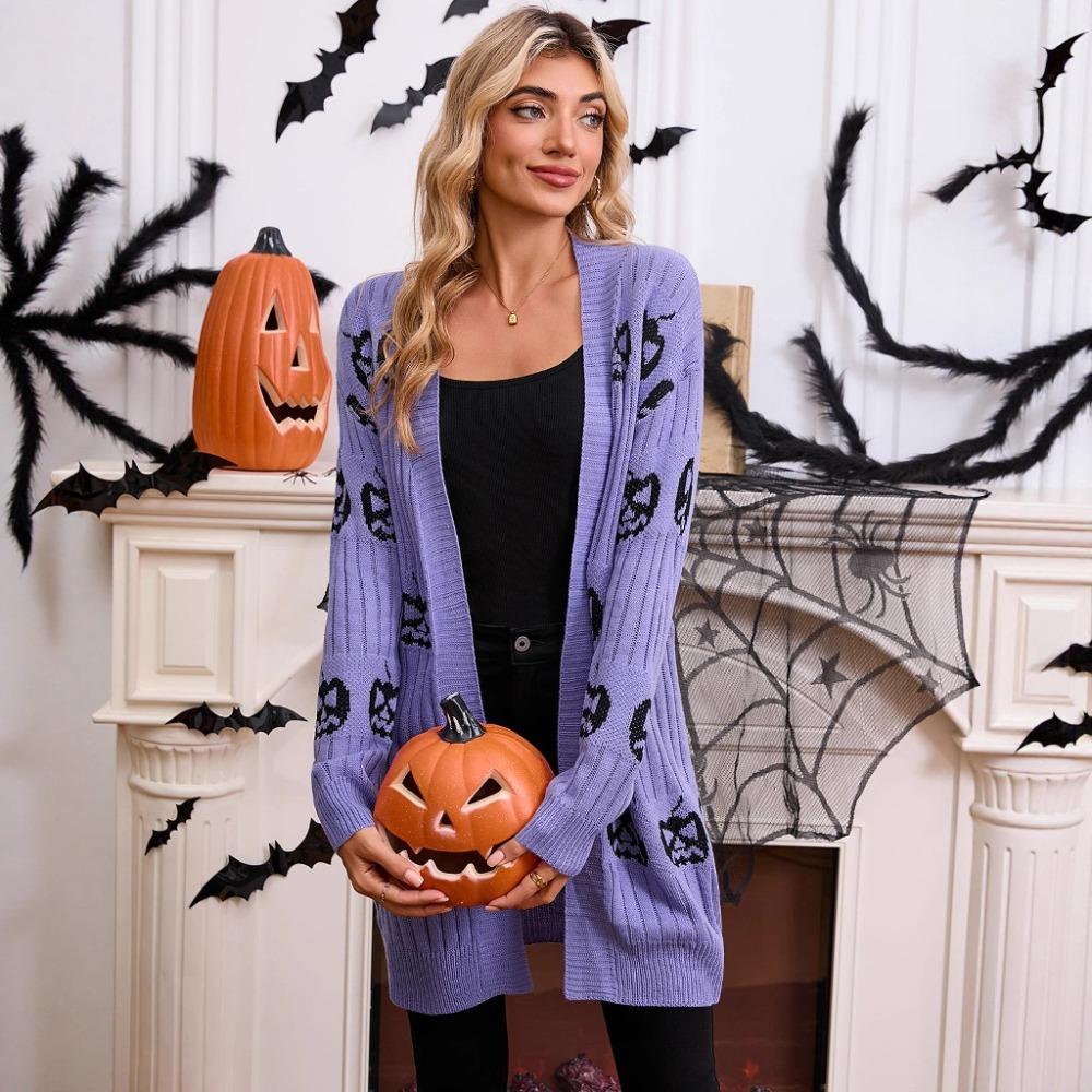 Women's V‑Neck Long Sleeve Pumpkin Jacquard Open Front Loose Fit Halloween Knit Cardigan