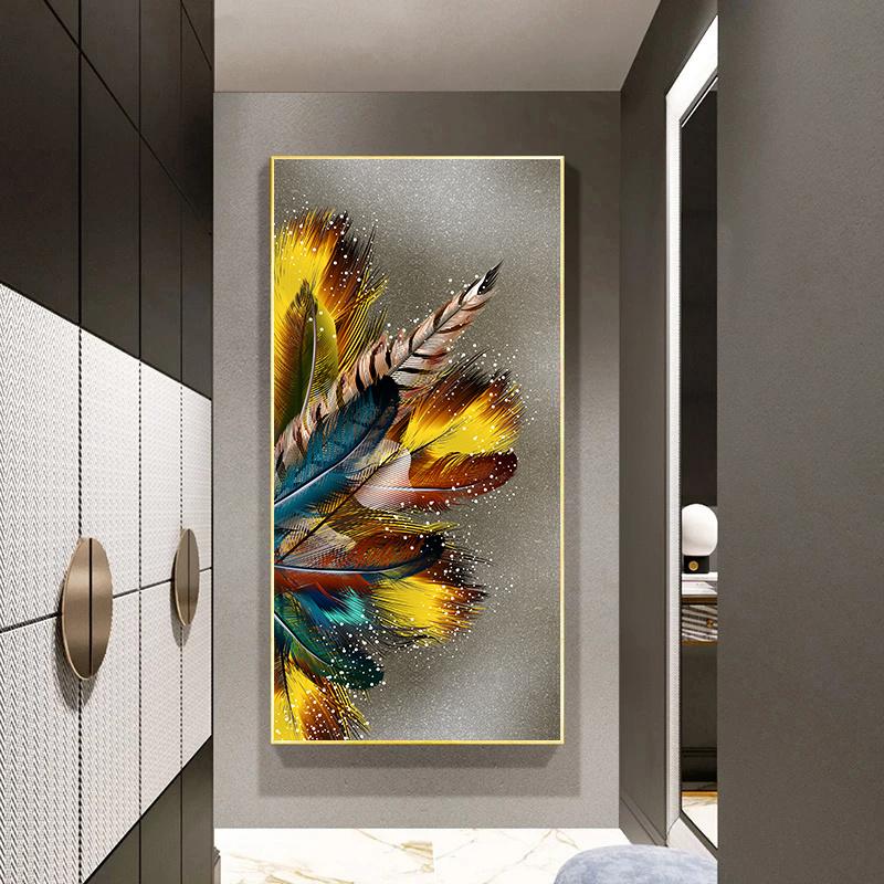 Modern Beautigul Gold Dark Green Feathers Luxury Art Canvas Painting Poster and Print Living Room Corridor Decoration Picture