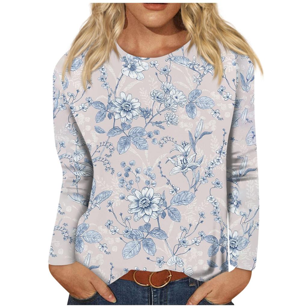 Damenmode, lässig, mit Blumenmuster, Rundhalsausschnitt, langärmeliges Pullover-Oberteil