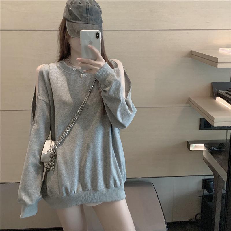 2024 Women's Off-Shoulder Zipper Hoodie - Long Sleeve, Loose Fit, Korean Style, Spring/Autumn Fashion
