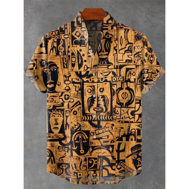 

Vintage Hawaiian Men s Linen Short Sleeve Shirt Full Print Geometric Pattern Short Sleeve Casual Beach Shirt Street Clothing 5XL