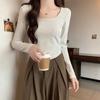 Square Neck Collarbone Exposed Hot Girl Long-sleeved T-shirt Women's Design Curved Hem Autumn and Winter French Tight Bottoming Shirt Top