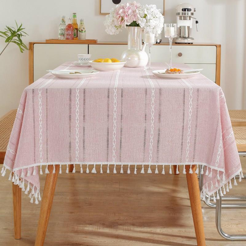 Nordic Style Cotton Linen Tablecloth With Fringe Tassels Woven Stripe Rectangular Dining Table Cover Christmas Home