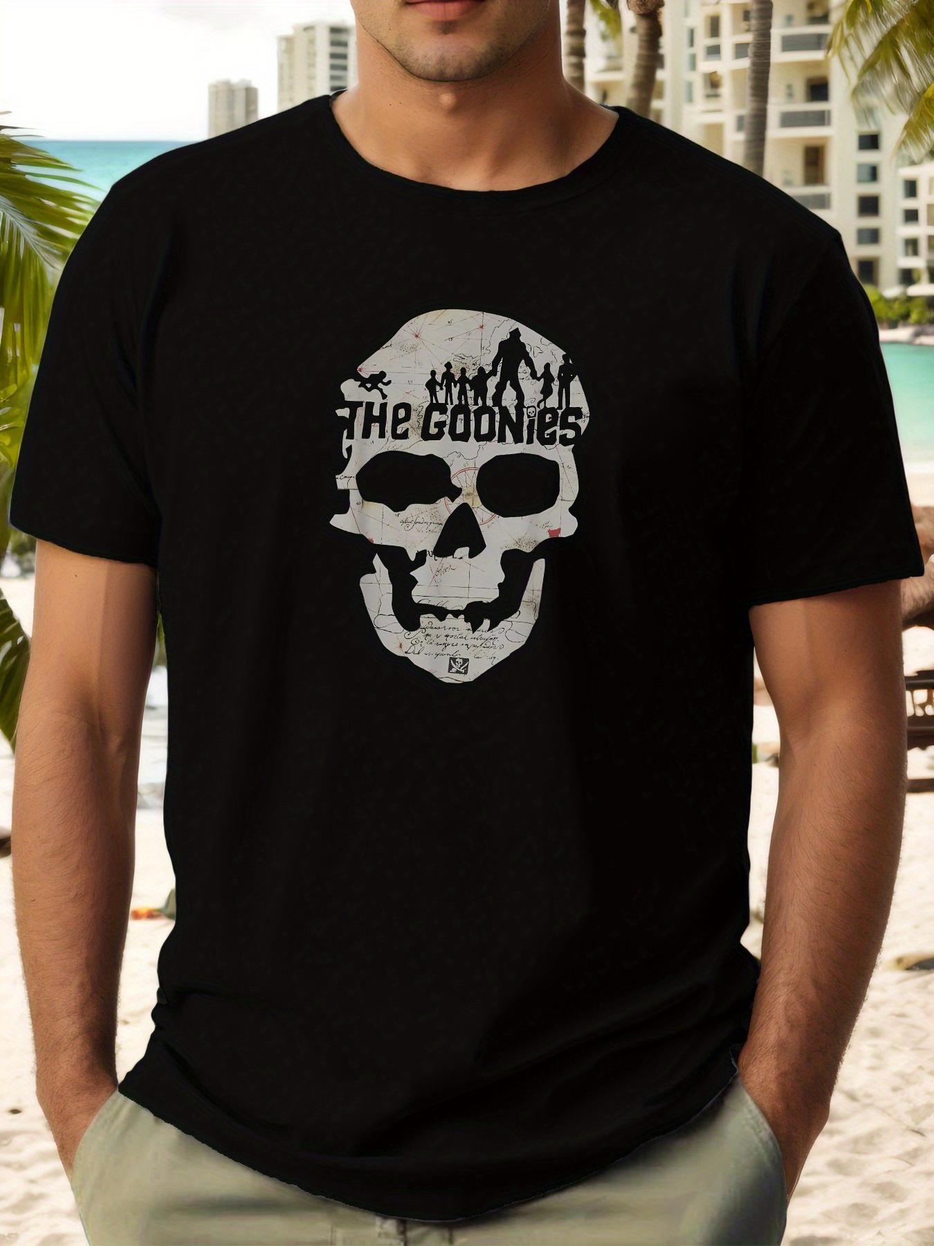 The Goonies  Skull Graphic T-shirt - Casual Summer Tee with Palm Tree & Beach Scene Design S