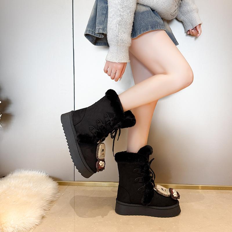 Women's Lace-up Large Size Thick Sole Winter Warm Fur Snow Boots Padded Lined Ankle Boots Anti-slip Hiking Sports Cotton Boots