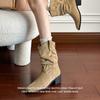 Lan Cabinet Edition~ Frosted Suede V-mouth Western Cowboy Boots Women's Retro Wind Middle Boots High Heel Sleeve Stacking Boots