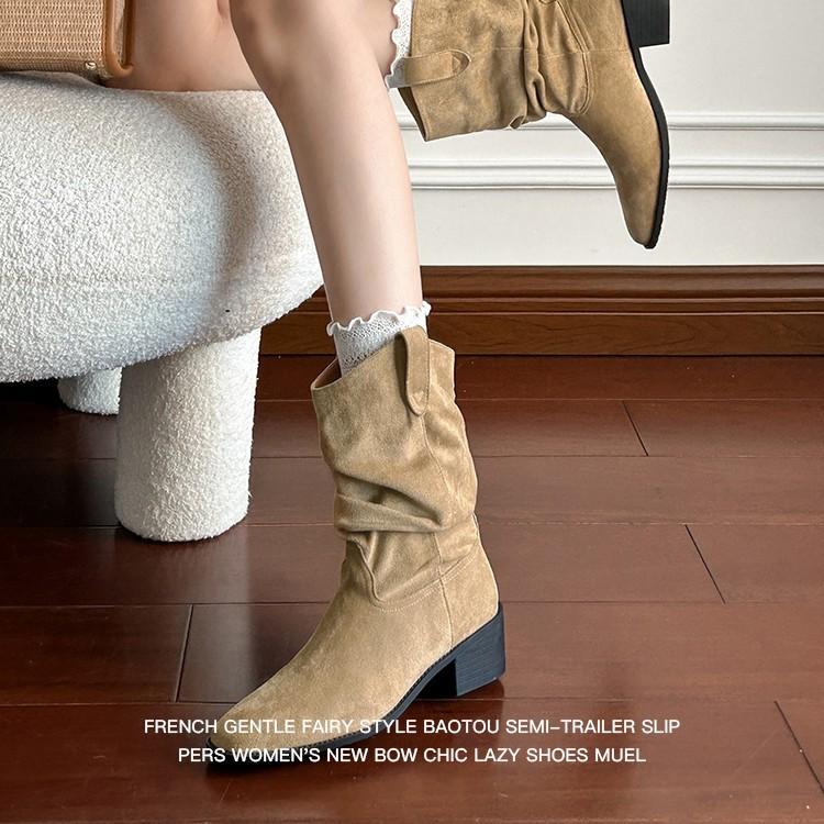 Lan Cabinet Edition~ Frosted Suede V-mouth Western Cowboy Boots Women's Retro Wind Middle Boots High Heel Sleeve Stacking Boots