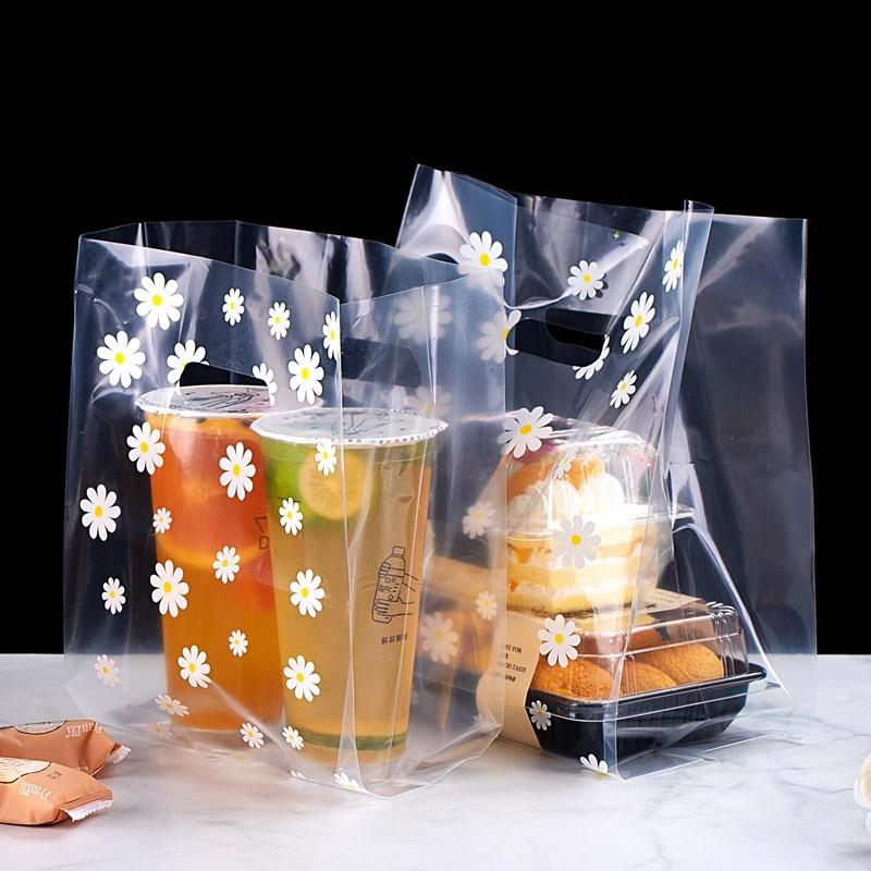 Gänseblümchen-Aufdruck Take-Away-Tragetaschen Kuchen- und Dessert-Backverpackungsbeutel Verdickte Transparente Lebensmittelliefertaschen PE-Material Geschenk-Plastiktüte