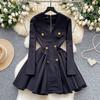 French retro small fragrant style high-end V-neck metal buckle long-sleeved waist puffy dress women's autumn dress dress