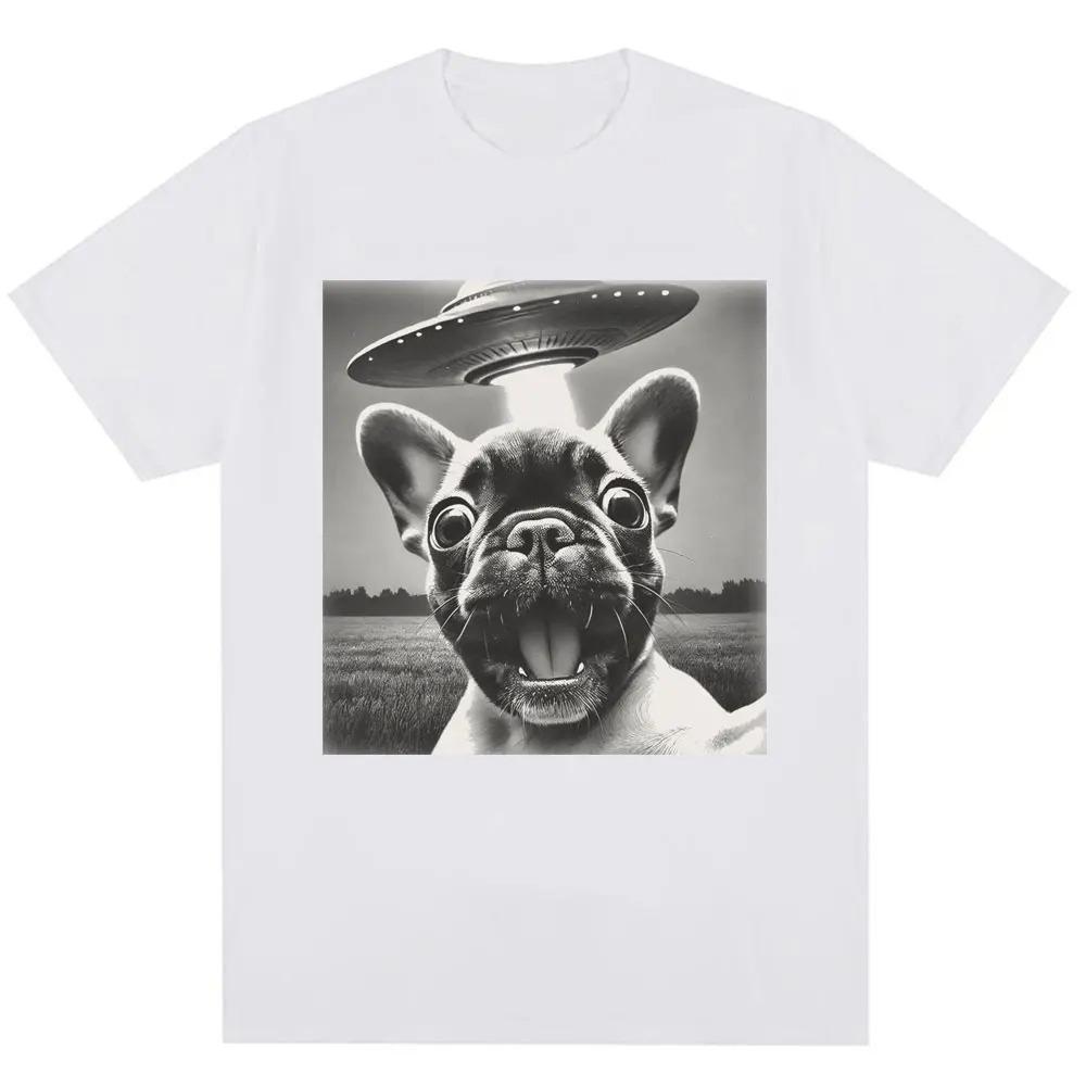2026 Spring_Summer French Bulldog UFO Funny Emoji Pack Pattern Retro Fashion Men's and Women's Short Sleeve Shirt