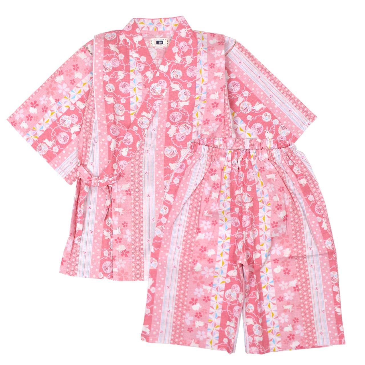 

Junior Jinbei Rabbit Print Made in 160cm Girls Kimono, Japan, 100% Cotton, Pink, розовый