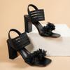 Fashion Women's Fashion Flower Decor High Heel Sandals Black Square Toe Elastic Strap Dress Party Shoes Woman Chunky Heel Summer Sandals