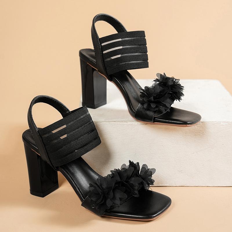 Fashion Women's Fashion Flower Decor High Heel Sandals Black Square Toe Elastic Strap Dress Party Shoes Woman Chunky Heel Summer Sandals
