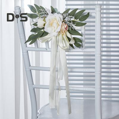 Schienale per sedia da matrimonio artificiale con fiori e foglie di eucalipto, decorazione per navata centrale, panca per cerimonia, nastri floreali, decorazione per festa di matrimonio