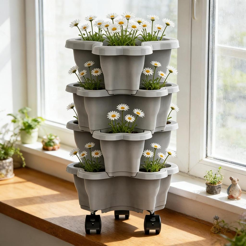 Plastic Stackable Vertical Flower Pot Multi-layer Garden Planter Tower with Movable Casters for Strawberry vegetable Growing