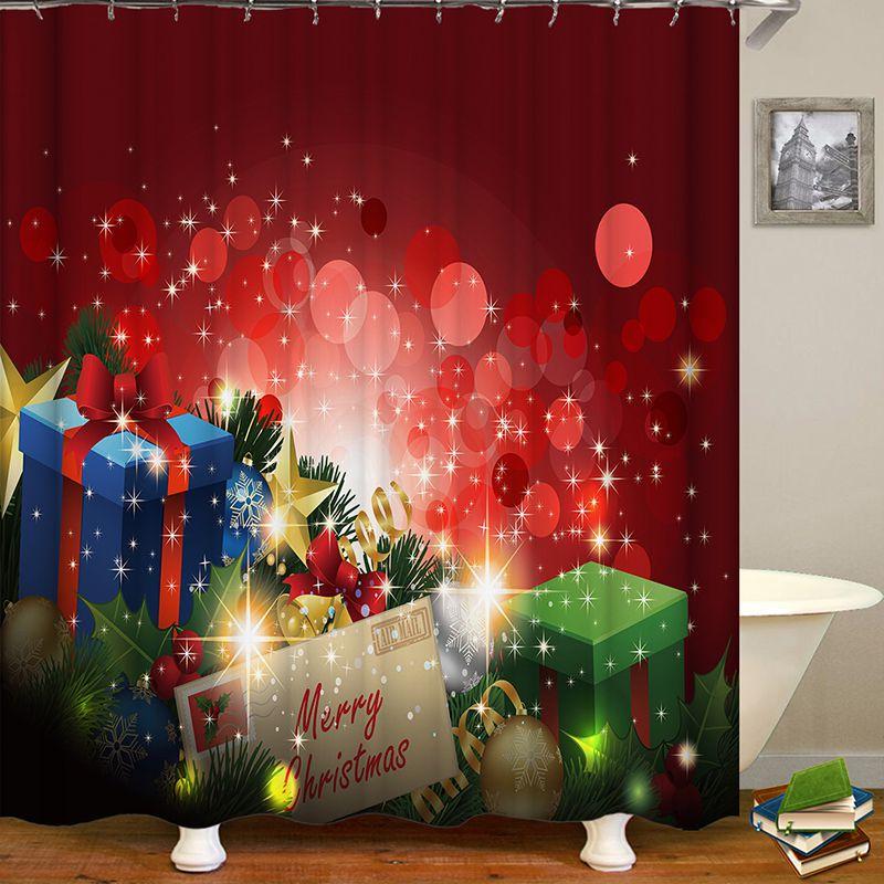 Festive Christmas Gift Boxes In Snow Shower Curtain Waterproof Fabric With Hooks