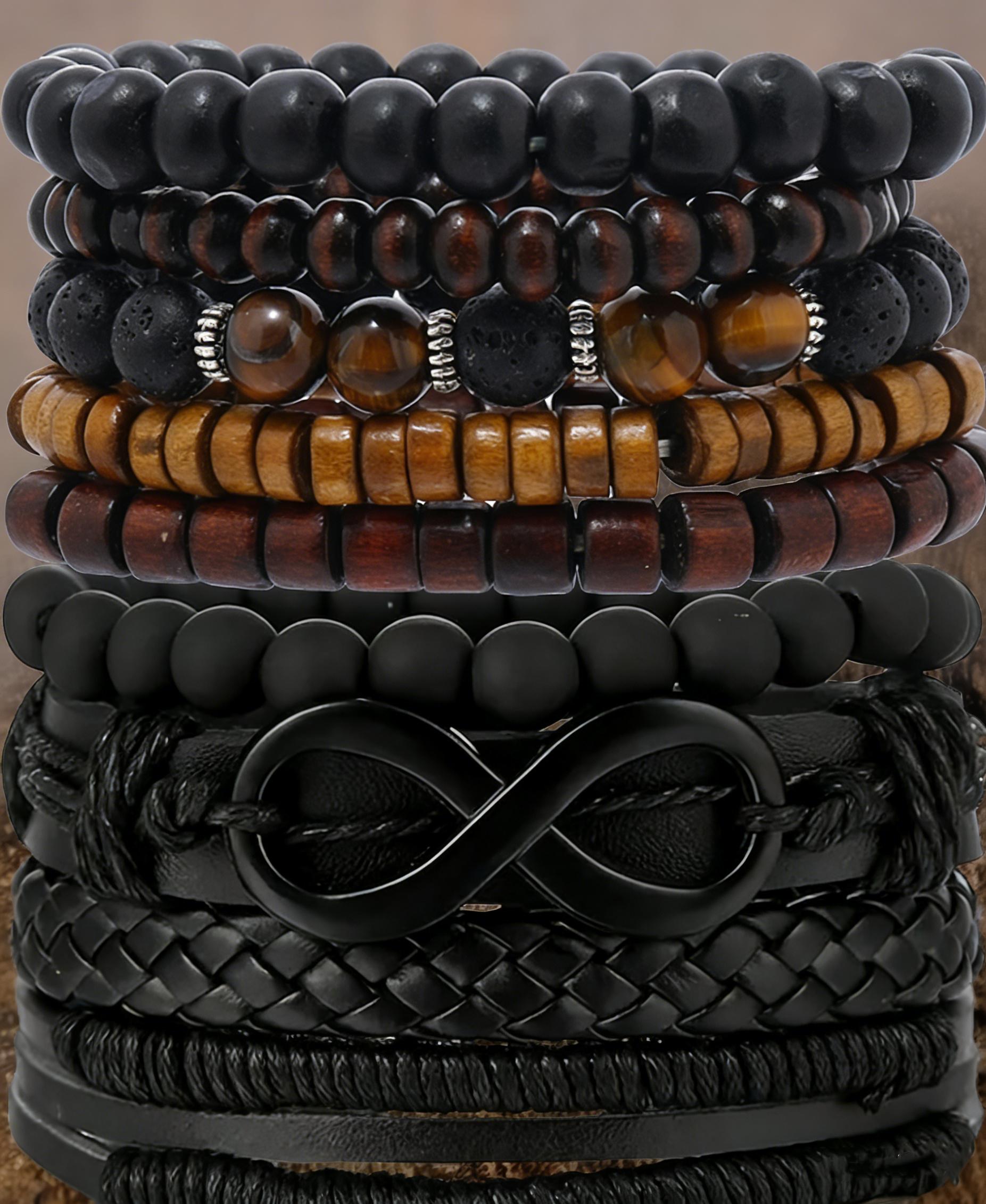 

9Pcs Men s Infinity Leather Bracelet Set For Women Tiger Eye Volcanic Stone Beaded Bracelets Braided Wrap Wristband Boho Jewelry
