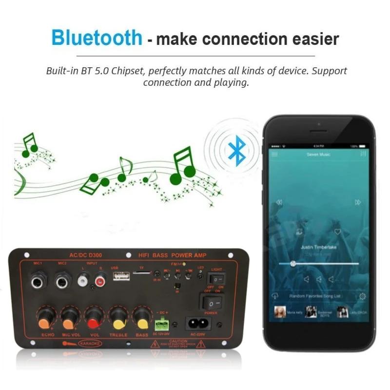 Bluetooth 5.0 Audio 600W Amplifier Board D300 Subwoofer Dual Microphone AMP Amplificatore Module 12V 24V 220V Media Player