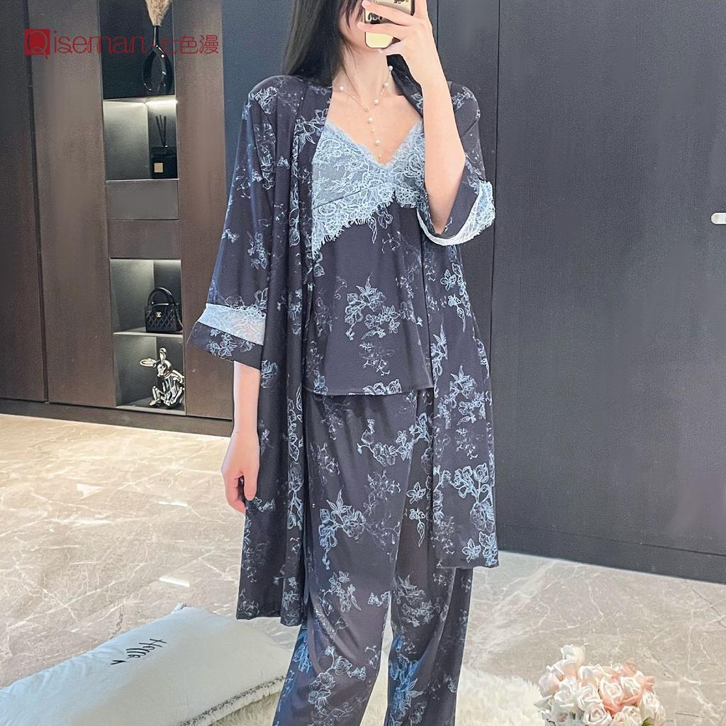New Chinese retro dark flower ice silk suspender trousers nightgown three-piece set lace with chest pad ice breathable loungewear