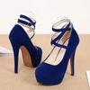 Fashion Pumps High Heel Women New Style Flock Fashion Cross Straps 14cm Heel High 4cm Platform Model Nightclub Sexy Plus Size 35-46