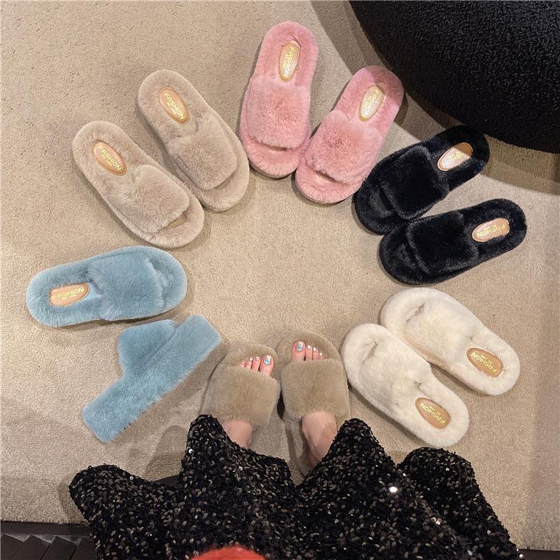Internet Celebrity One-word Fluffy Slippers Women 2025 Autumn and Winter New Popular Versatile Thick Bottom Heightening Plush Cotton Drag Outside Wear