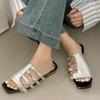 Fashion 2025 New Vintage Square Toe Flat Fashion Slippers Women's Summer New Open Toe Belt Buckle One Strap Soft Sole Sandals