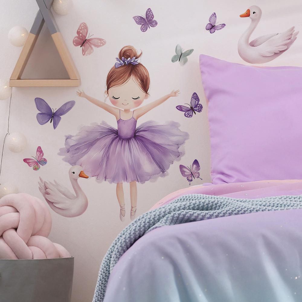 Ballet Dancer Girl with Swan and Butterflies Wall Sticker Self-Adhesive Removable Bedroom Living Room Hallway Dorm Elegant Home Decor Art