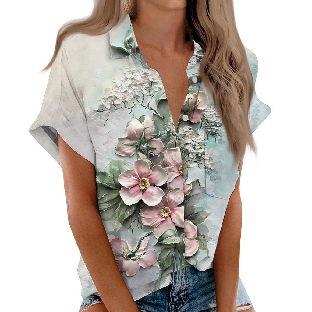 Women's Short Sleeved Shirt, Daily Fashion Printed Button Top, Chest Pocket Cardigan