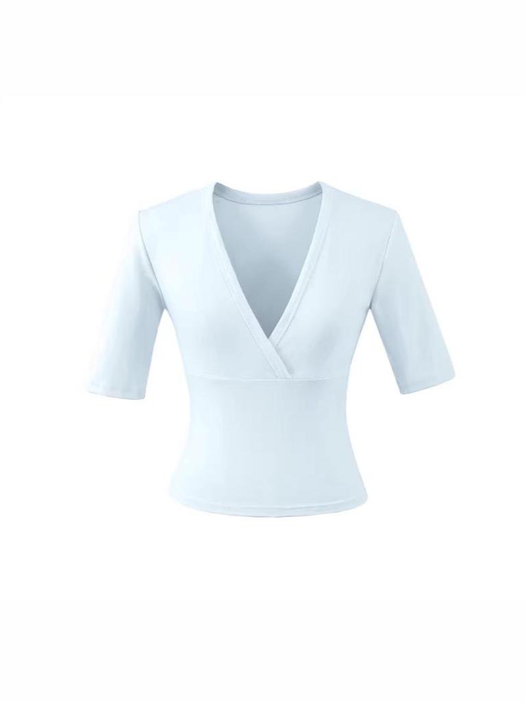 Elegante Camiseta Cruzada en V con Ceñido a la Cintura para Mujer - Capa Base de Manga Corta para Verano
