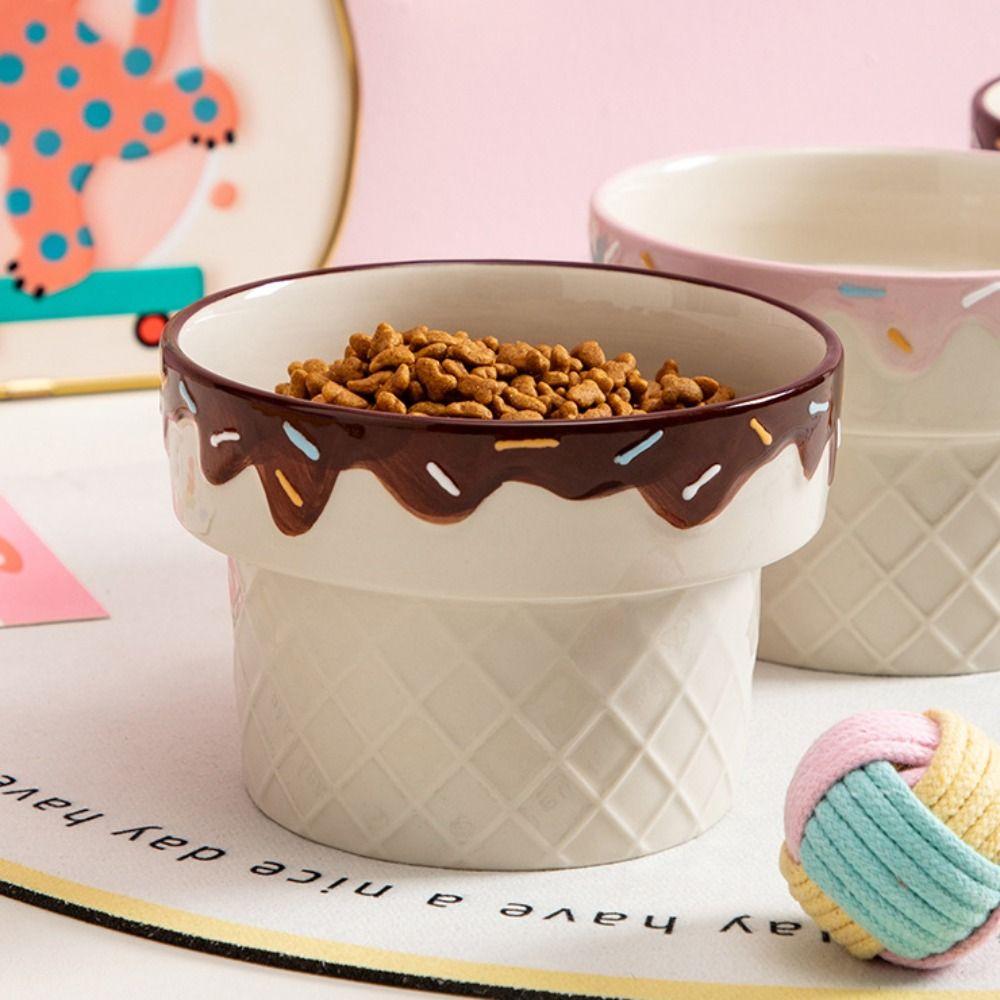 Large Diameter Cat Food Bowl Ice Cream Shape Elevated Cat Bowl Ceramic Cat Bowl  For Cats and Dogs