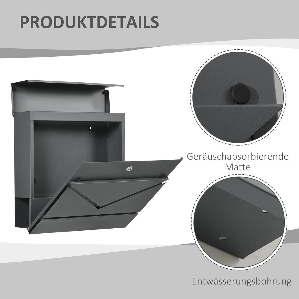 Mailbox with Lid, 2 Lower Drainage Holes, Steel, with Lock, Grey