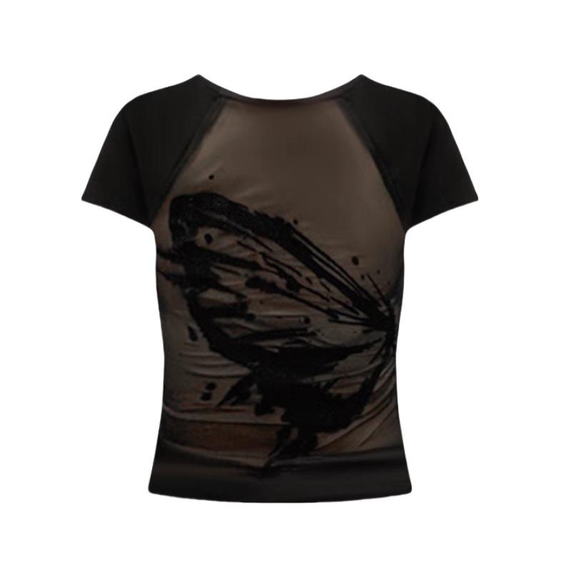 Pure Desire Spice Girl Sexy Backless Short Top Women's Summer Hollow Back Short Sleeve Chic Beautiful Mesh Shirt