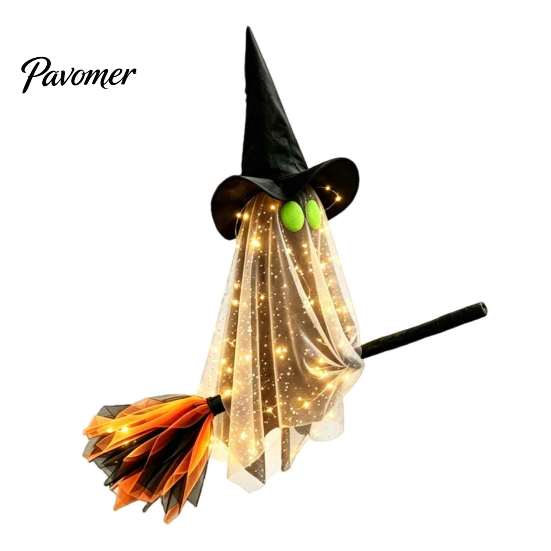 Creative Halloween Holiday Gifts Flying Ghost with Witch Broom, Large Lighted Hanging Decoration Waterproof Haunted House Supplies Hat for Lawn Patio
