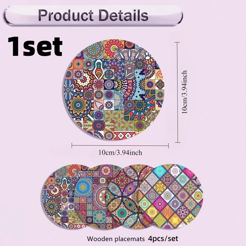 

4/8PCS Wooden Mandala Coasters Set Heat-Resistant Non-Slip Table Mats Washable Easy to Clean for Home Office Party Festiva 10-10cm 3.94-3.94in