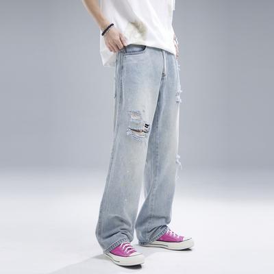 American Ripped Jeans for Men's New Style of Draped Straight and Slightly Flicked Ink Splashing Design Casual Pants