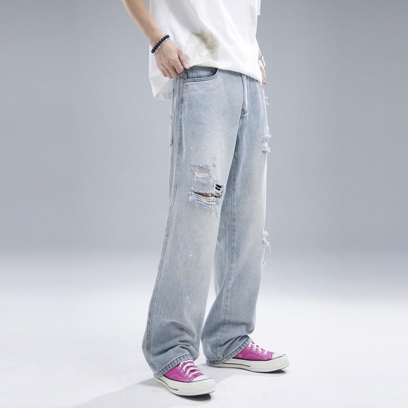American Ripped Jeans for Men's New Style of Draped Straight and Slightly Flicked Ink Splashing Design Casual Pants