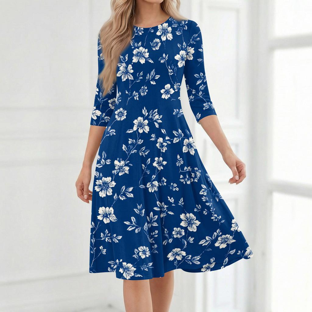 Women's Casual Fashion Round Neck Three Quarter Sleeve Printed Midi Dress